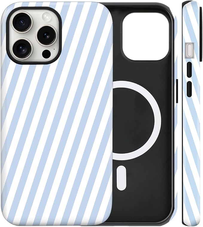 Magnetic for iPhone 15 Pro Case Cute Diagonal Stripes Phone Case, Shockproof Slim TPU and Hard PC Protective Phone Cover Compatible with MagSafe Designed for Women Girls,Blue