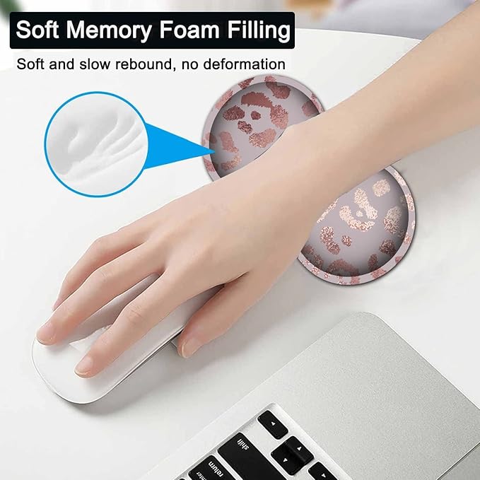 Large Gaming Mouse Pad, 31.5x11.8 in Extended Computer Mouse Mat with Non-Slip PU Base, Ergonomic Memory Foam Keyboard Wrist Rest, for Work & Gaming, Office Desk Pad Rose Gold Leopard Pink