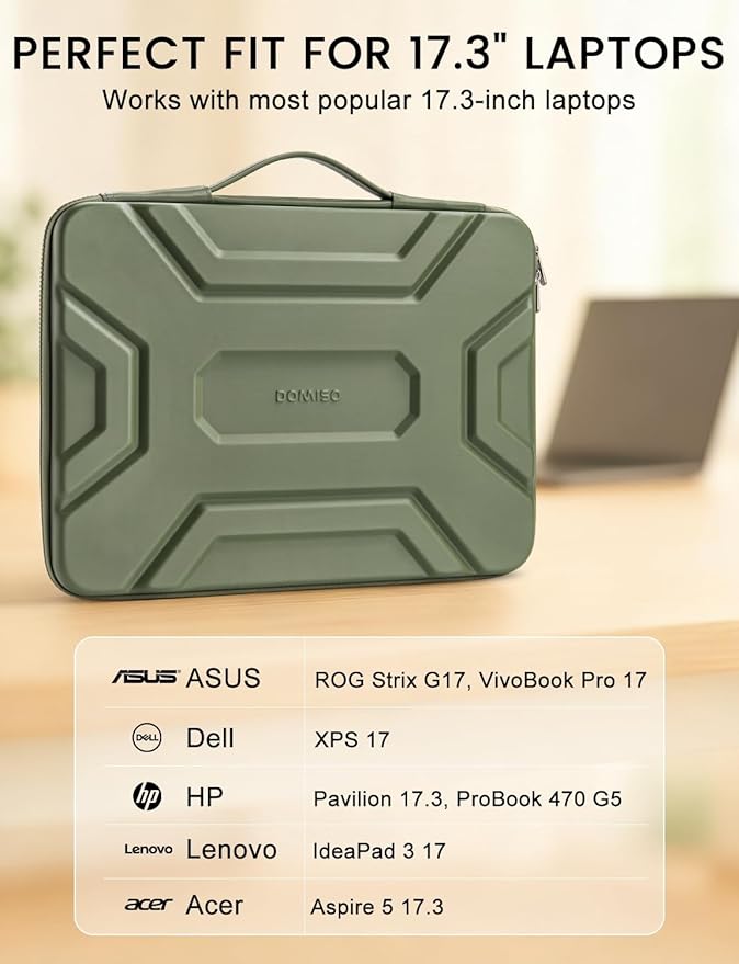 DOMISO 17 inch Laptop Sleeve with Handle, Shockproof and Waterproof EVA Protective Laptop case, Laptop Sleeves for 17.3" HP Dell Asus Laptop, Green