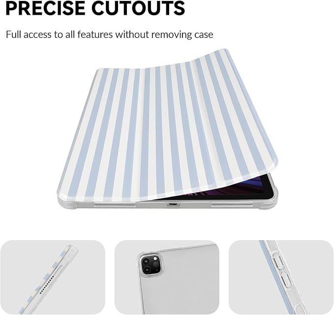 Lovmooful Compatible for iPad Pro 11-Inch,2022/2021/2020/2018 Model(4th/3rd/2nd/1st Generation) Case with Pencil Holder Cute Striped with Aesthetic Design Soft TPU Trifold Stand Protective-Blue&White