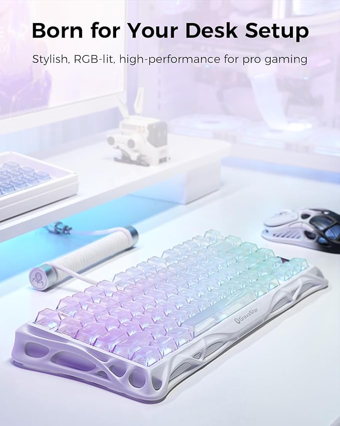 GravaStar Mercury K1 Lite 75% Gaming Keyboard, 2.4GHz/BT/Wired Tri-Mode Wireless Keyboard, Clear Keycaps Gasket Hot Swappable Mechanical Keyboard, Pre-lubed Linear Switches, RGB Backlit-Crystal Aurora