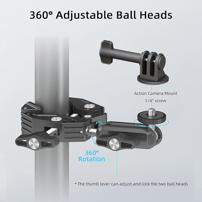 KINGJOY Super Clamp with 360° Magic Arm Double Ball Head, 1/4"-20 & 3/8"-16 Thread Camera Mount Adapter for DSLR, Monitor, LED Light, Action Camera, Bike Handle - Aluminum Alloy