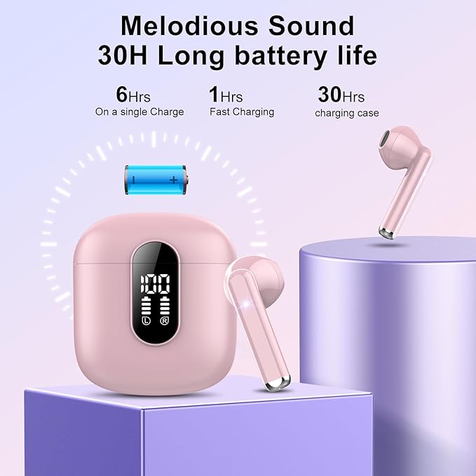 Jesebang Wireless Earbuds, Bluetooth 5.4 Headphones HiFi Stereo, Bluetooth Earbuds with ENC Noise Cancelling Mic, 36H LED Display Ear Buds, IPX7 in Ear Earphones for Phone Tablet Laptop Sports, Pink