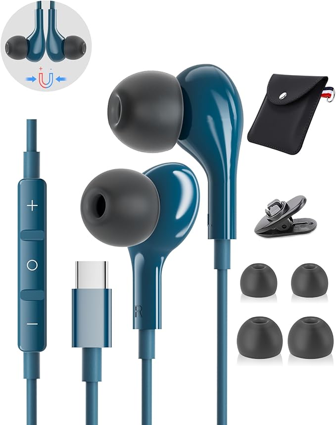 USB C Headphones for iPhone 15 Plus 16 Pro 17 Pro Max Samsung Galaxy Headphones S24 S23 Ultra S26 S25 S22 A56 A55 A26 A16 Pixel Xiaomi Wired Earbuds Magnetic in-Ear Type C Earphones with Microphone