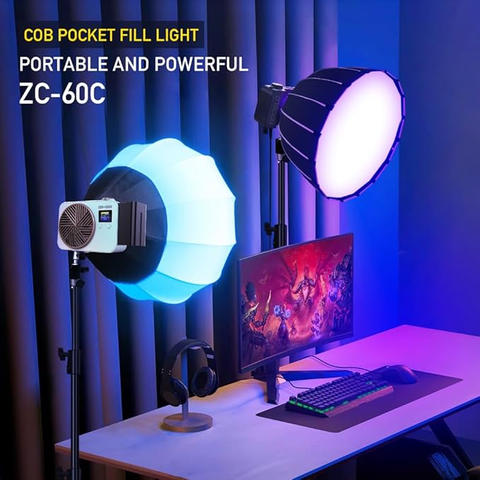 ZC-100BI 100W COB Video Light with Bowens Mount,10000Lux/m 2700K-7500K Bi-Color Camera Light with 10 Scenario Simulations Control Continuous Lighting for Photography (ZC-60C+Battery)
