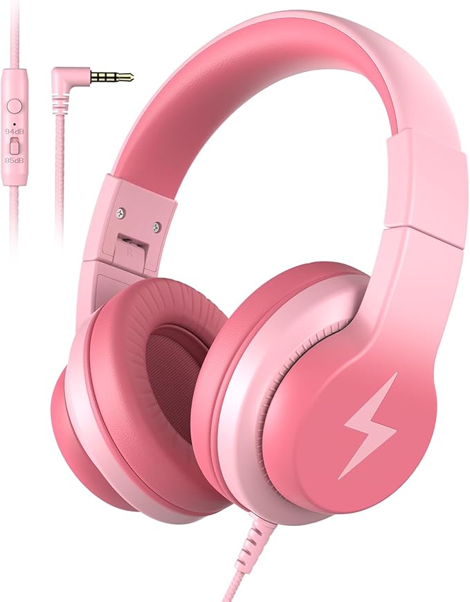 Candy Bila Kids Wired Headphones for Kids with Microphone, 85/94dB Volume Limiter Headphones for Girls Boys, Light Pink