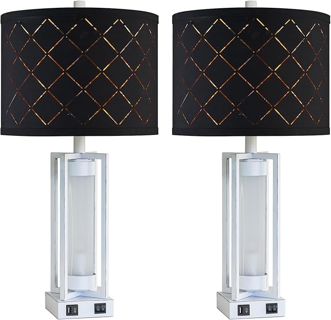 25" Set of 2 Farmhouse Table Lamps with USB C+A Ports, Rustic Retro Nightstand Lamps with White Night Light, Black Grid Shade, Desk Lamps for Bedroom Bedside, 4 Bulbs Included