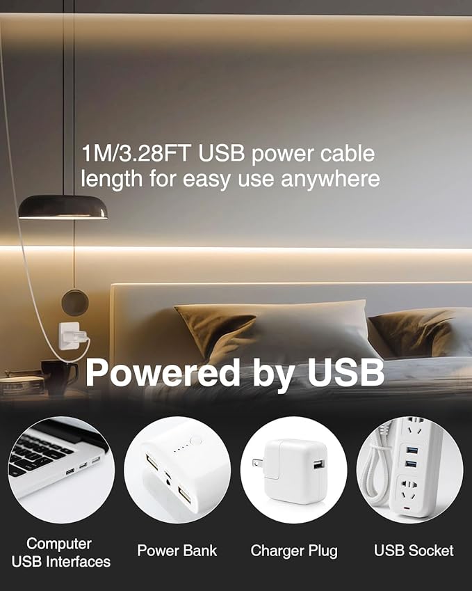 Aclorol COB LED Strip Light 5V USB 1M/3.28FT Warm White 3000K Flexible LED TV Backlight with Self-Adhesive 8mm Width for Bedroom Bedframe Kitchen Sideboard Lighting Project CRI90+ 320LEDs/M (2 Pack)
