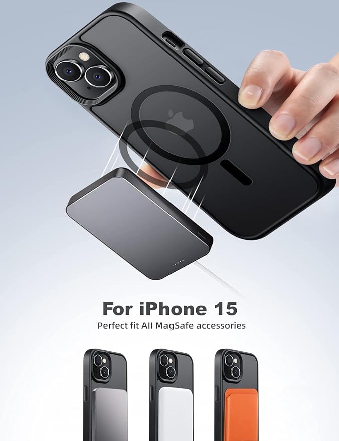 Tigowos for iPhone 15 Case, Compatible with MagSafe [15FT Drop Resistant][2 Tempered-Glass Screen Protectors] Matte Skin-Feeling Shockproof case for iPhone 15 Cases 6.1", Black-Set