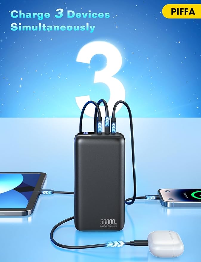 PIFFA Portable Charger Power Bank - 50000mAh Battery Pack, 22.5W Fast Charging Powerbank,Travel Essential for Portable Phone Charger, USB-C Phone Charger for iPhone 17/16/15/14/13 Samsung Google-Dark