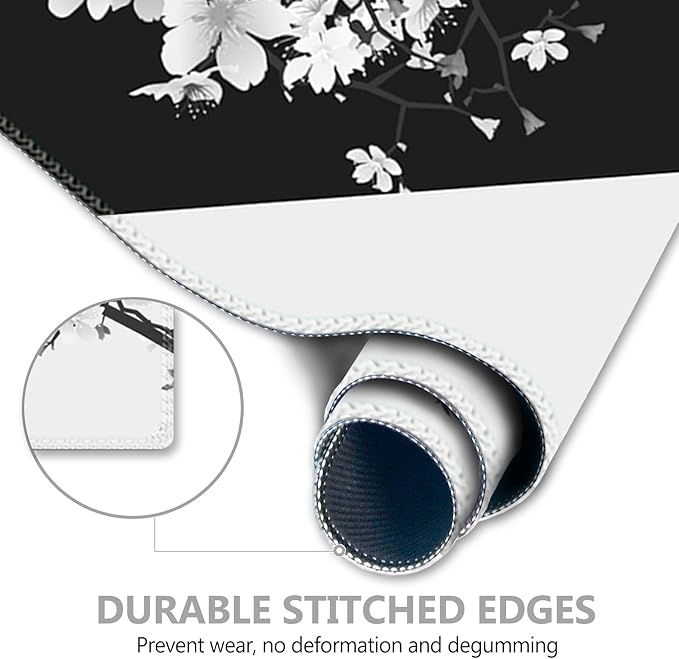 AIMSA Extended Gaming Mouse Pad, XL Large Keyboard Mouse Mat Desk Pad with Stitched Edges, Durable Non-Slip Base Mousepad for Home Office, 35x15.7inch, Black White Cherry Blossom