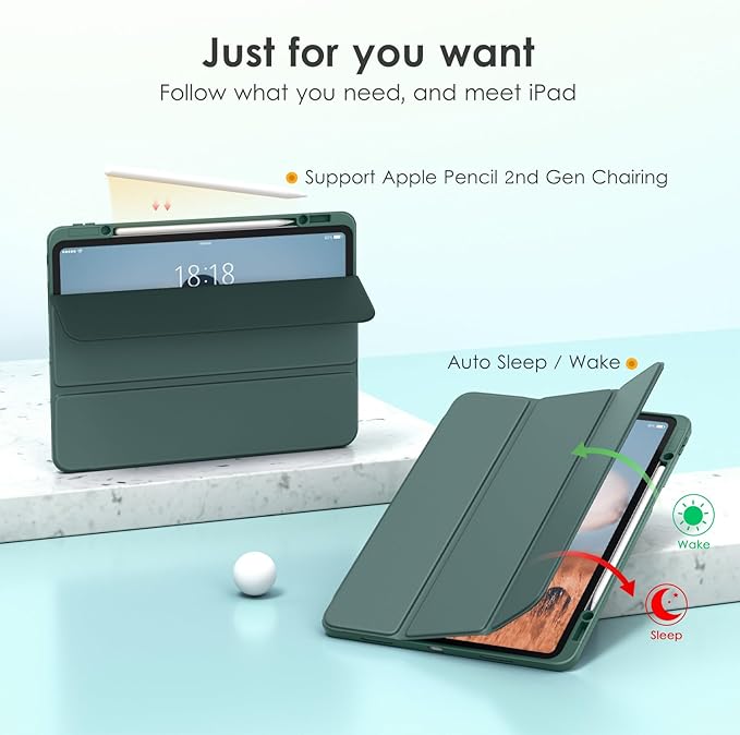 VIKESI Case for iPad Pro 12.9 6th/5th/4th/3rd Generation 2022/2021/2020/2018,TPU Shockproof Frame,Built-in Pencil Holder,Auto Sleep/Wake - Midnight Green