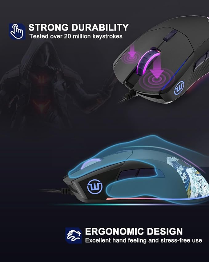 COSTOM Womier USB Wired Gaming Mouse for PC Computer Windows Mac Laptop, Lightweight Silent RGB Backlit Mouse with Adjustable 12000DPI/7 Programmable Side Buttons,Black Kanagawa Theme-G705 V2