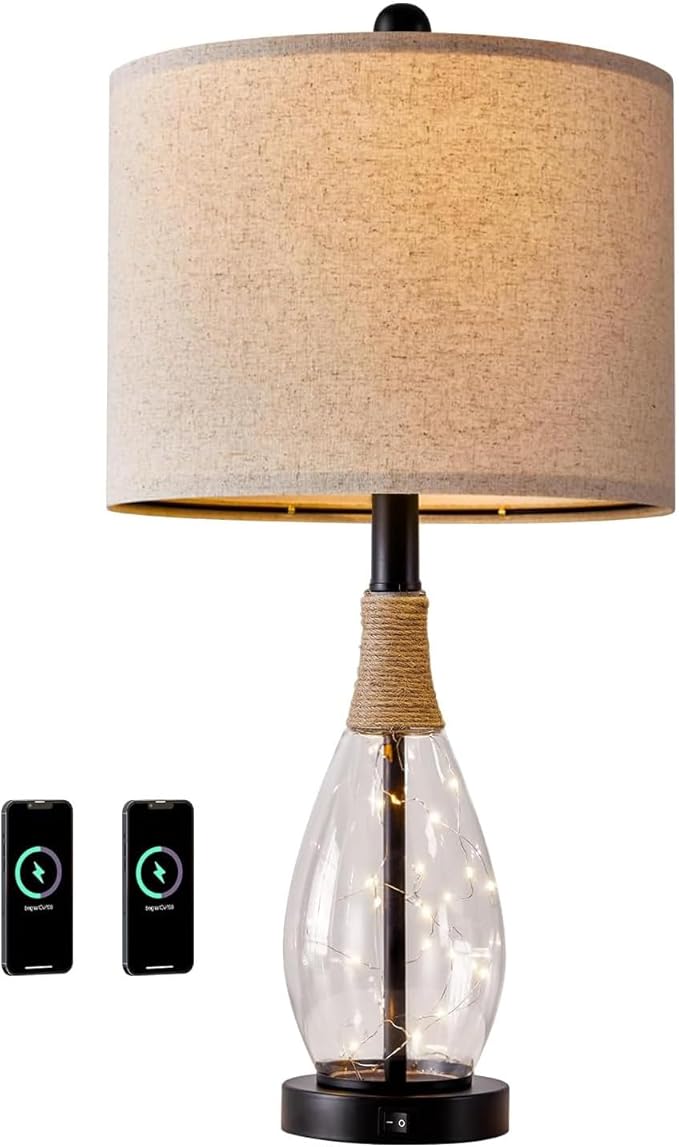 OYEARS Bedside Table Lamp with USB, 23‘’ Black Modern Nightstand Lamps for Bedroom, Retro Rattan Table Lamps for Night Stands, Living Room, Farmhouse Table Lamp with Glass Nightlight Lamps
