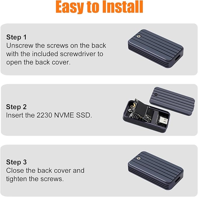 2230 NVMe Enclosure USB-C 3.2, 10Gbps External Drive Case for M.2 2230 PCIe SSD M Key, Type C to Type C/USB A Cable, Support UASP Trim, Aluminum Alloy, Compatible with Windows, macOS, Linux