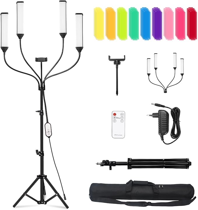 Esthetician Light Tattoo Lash Make up Light for Video Recording, Dimmable Four Arms LED Floor Lamp for Lash Techs, Estheticians & Tattoo Artists with Phone Holder & Travel Bag Kit