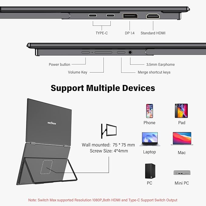 InnoView Portable Dual Monitor 15.6" 3840x2160P 4K 100% sRGB | Owl Eye Vision - Foldable Design with 315° Screen Adjustment, 180° Stand | DP/USB-C/HDMI, Dual Screen Extender for Laptop, Mac, Windows