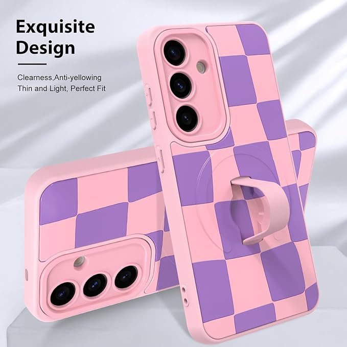 KANGHAR Compatible with Samsung Galaxy S25 Case, Support for MagSafe, Silicone Checkered Cute Pattern, Wristband Kickstand Camera Protection Soft Slim Cover for Girls Women -Pink