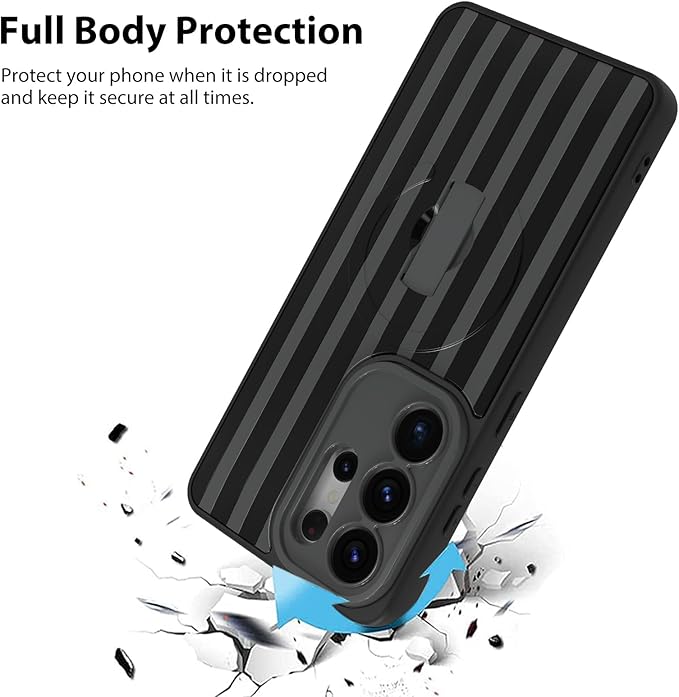 KANGHAR Compatible with Samsung Galaxy S26 Ultra Case, Support for MagSafe, Silicone Stripes Cute Pattern, Wristband Kickstand Camera Protection Soft Slim Cover for Girls Women -Black