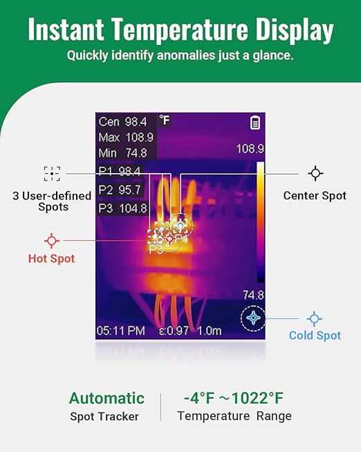 HF256 Thermal Imaging Camera, 256 x 192 IR Resolution, Super Resolution 320 x 240 Therma Camera, 3.2" LCD Screen, 25 Hz Frame Rate, High/Low-Temperature Alarm, 16 GB Storage Infrared Camera