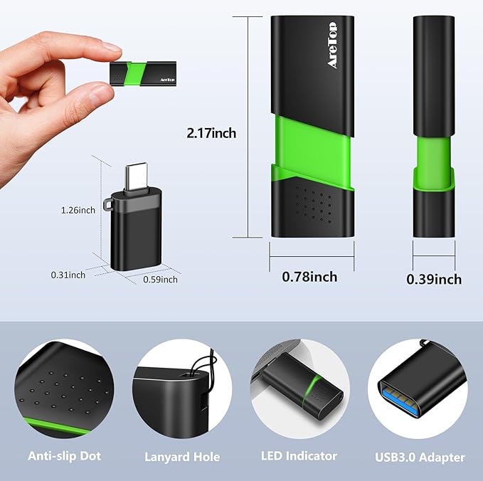 8GB Flash Drive 3 Pack with Type C Adapter, AreTop Retractable USB 2.0 Thumb Drive Multicolor USB Drive for Date Storage, High Speed Jump Drive with LED Indicator, 8GB 3 Pack (Red, Green, Blue)