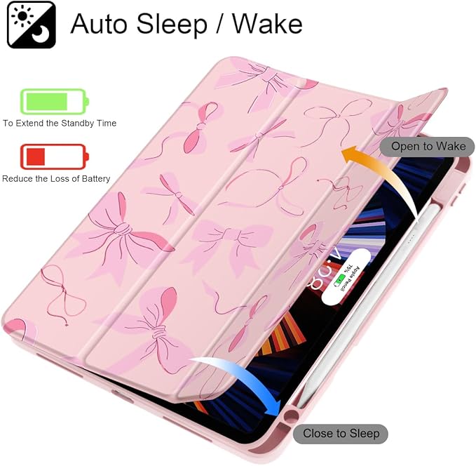 May Chen Case for iPad Pro 13-inch 2024 7th Generation M4 Chip, [Built Pencil Holder Supports Pencil 2/USB-C] Ultra Thin Clear Back Shell with Trifold Stand Support Auto Wake/Sleep, Pink Bows 13