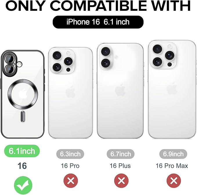 Hython Magnetic Clear for iPhone 16 Case with Camera Lens Protector [Compatible with MagSafe] Luxury Plating Edge Slim Soft TPU Cover Protective Phone Case for iPhone 16 6.1", Black