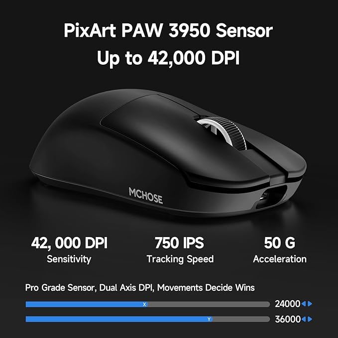 MCHOSE L7 Ultra+ Wireless Gaming Mouse, Lightweight 48g, Ergonomic Mouse with 42K DPI, PAW3950, Optical Switch, 20000 FPS, Dual 8K Polling and 7 Programmable Buttons, 3-Mode Connect, PC/Mac - Black