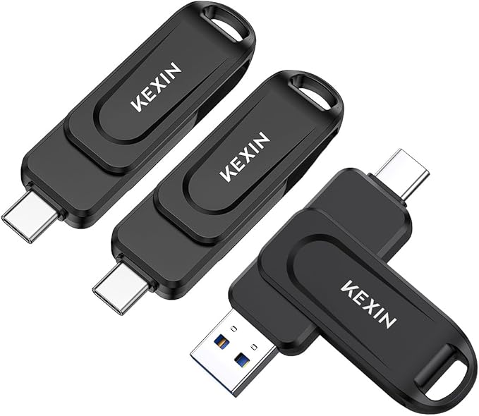KEXIN 128GB Flash Drive 3 Pack 100MB/s Swivel Dual USB Drive 3.0 USB-A & Type-C Thumb Drive Memory Stick for Smartphone Tablet iPhone 15/16 Car Game Console, Black 128GB 3 Pack