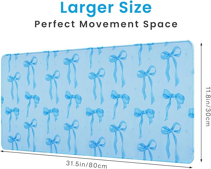 Blue Bows Desk Mat, Large Mouse Pad with Light Blue Background, Girly Computer Mat Keyboard Mat Cute Blue Office Pad for Desktop, Non-Slip Rubber Base, Stitched Edge Laptop Pad for Girls 31.5 x 11.8in