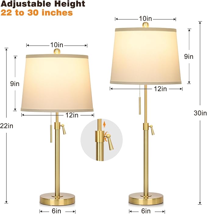 JUNNAI 2 Pack 22"-30" Adjustable Height Table Lamps Set, Modern Gold Table Lamps with White Shade 3 Colour Temperature Pull Chain Tall Lamps for Living Room Bedroom Bedside End Table Nightstand