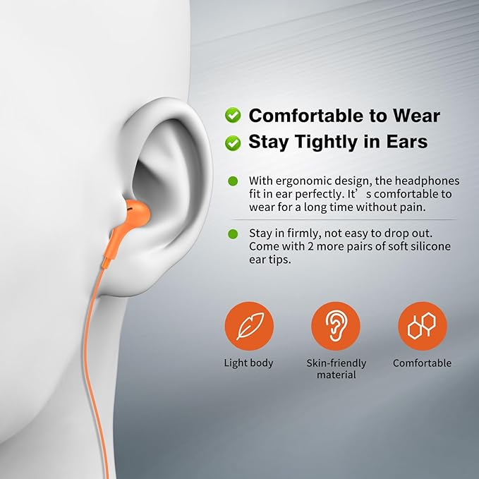 USB C Headphones for iPhone 17 16 15 Pro Galaxy S25 S26 Wired Earbuds with Microphone for Samsung S24 S23 S22 S21 Ultra, Magnetic Noise Canceling in-Ear Type C Earphone for iPad 10 Pixel 9 8, Orange