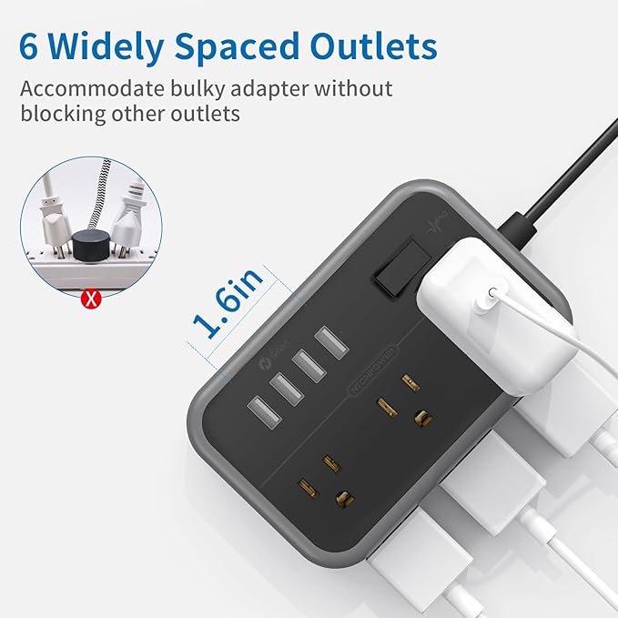 NTONPOWER 6 Widely Spaced Outlet(2 Side) Power Strip with 4 USB Ports, Extension Cord 15 Ft