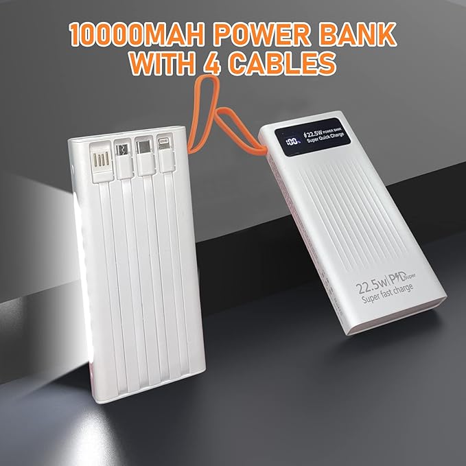 Portable Charger with Built in Cables,Mandarooker 10000mAh Power Bank with LED Lamp Fast Charging USB C External Battery Pack Phone Charger with LED Display for iPhone, Samsung and Cell Phones(White)