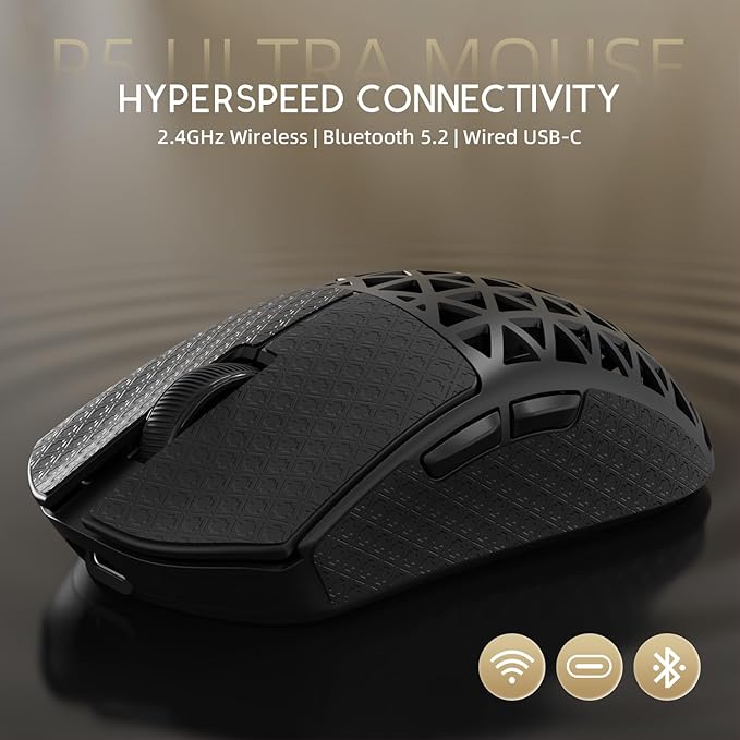 R5Ultra 8K Wireless Gaming Mouse with 42,000 DPI -PAW3950 MAX Sensor -39g Ultra-Lightweight Carbon Fiber -Nordic 52840 MCU Chip-Wired/BT/2.4GHz Wireless Programmable Mouse Griptape for PC/Mac (Black)