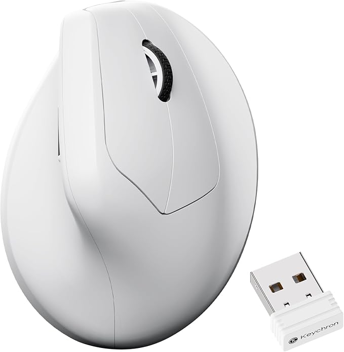 Keychron M5 8K Vertical Ergonomic Mouse Wireless, 2.4 GHz/Bluetooth 5.3/Wired Computer Mice Rechargeable, 5 Levels Up to 30K DPI with Programmable Buttons for Laptop macOS/Windows - White