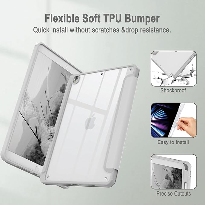 Case Compatible with iPad Air 3rd Generation, iPad Pro 10.5 inch 2017 Case with Pencil Holder, Stand Clear Back Cover for Air 3rd Gen 10.5" 2019, Auto Sleep/Wake, Grey White