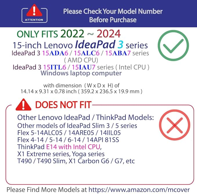 mCover Case Compatible ONLY for 2022-2024 15" Lenovo IdeaPad 3 (15ADA6 / 15ALC6 / 15ABA7 / 15ITL6 / 15IAU7) Series Windows Laptop Computers (NOT Fitting Any Other Models) - Purple