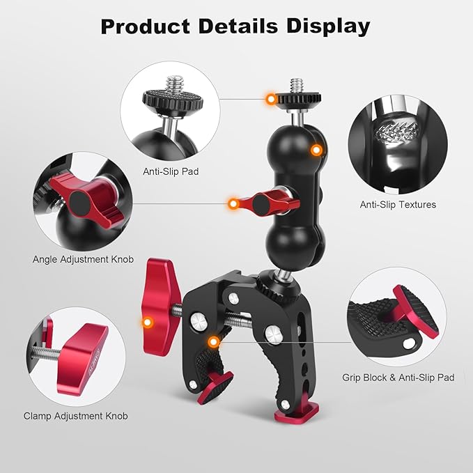 Super Clamp with Dual Ballhead Magic Arm, Aluminum Camera Clamp Mount Kit for DSLR Action Camera/Phone/Monitor/Video Light/Microphone, Camera Mount for Tripod/Desk/Tube (SY006)