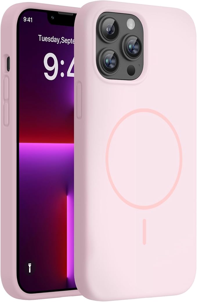 Miracase Magnetic for iPhone 13 Pro Max Case, [Soft Anti-Scratch Microfiber Lining], Magnetic for MagSafe, Liquid Silicone Shockproof Drop Protection Phone Case for 13 Pro Max, Sand Pink