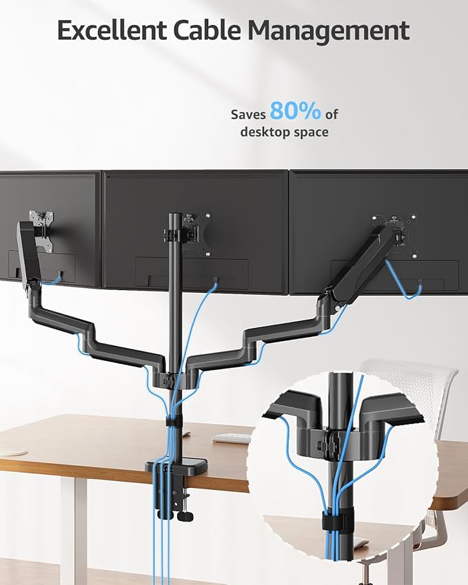 MOUNTUP Triple Monitor Stand Mount - 3 Monitors Desk Mount for Computer Screens Up to 27 inch, Triple Monitor Arm, Heavy Duty Monitors Stand, Each Arm Holds 4.4-19.8 lbs, Black