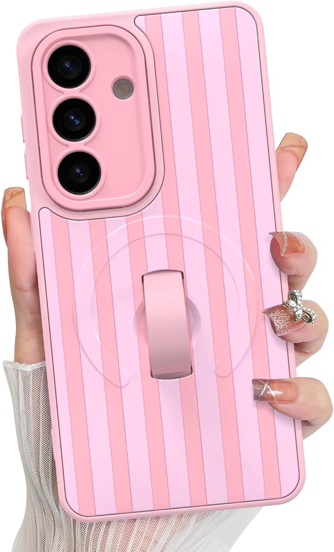 KANGHAR Compatible with Samsung Galaxy S26 Case, Support for MagSafe, Silicone Stripes Cute Pattern, Wristband Kickstand Camera Protection Soft Slim Cover for Girls Women -Pink
