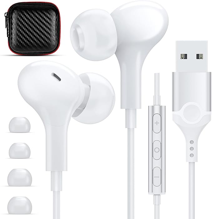 USB Headphones with Microphone for Laptop, 7.5ft Magnetic Wired Earbuds Noise Isolation in-Ear Earphones with Mute Volume Control Stereo Bass for PC Desktop Dell HP Acer Laptop Meetings/Music,School