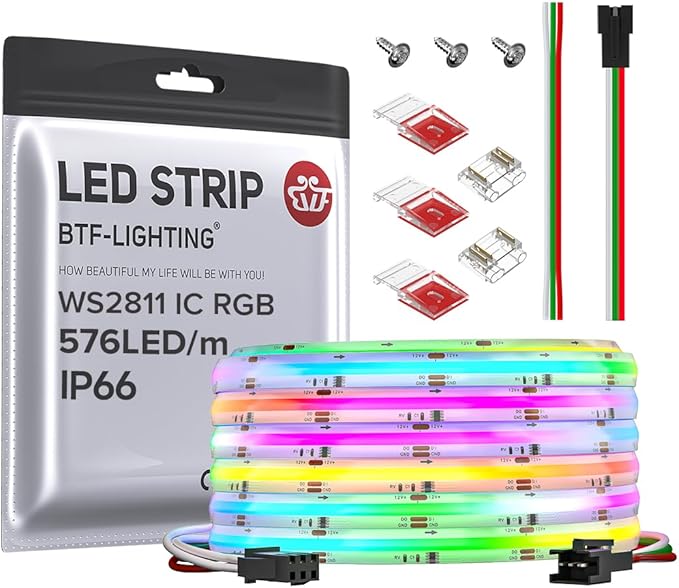 BTF-LIGHTING FCOB IP66 WS2811 IC RGB COB LED Strip 16.4FT DC12V 576LED/m Flexible High Density Color Chasing Uniform Light 16IC/m 10mm Width for Indoor Lighting Project(No Adapter or Controller)