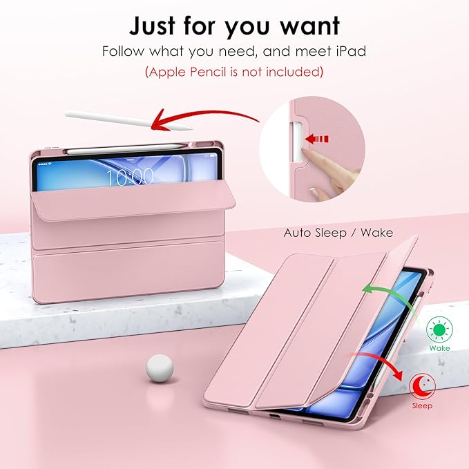 DTTO for iPad Air 13 Inch Case M4/M3/M2 2026/2025/2024, iPad Pro 12.9 Inch Case (6th/5th/4th/3rd Gen), Smart Slim Trifold Stand Soft Cover with Pencil Holder, Rose Gold