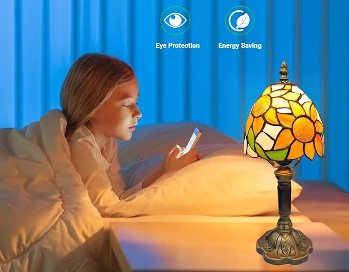 BMXKPO Tiffany Style Table Lamp,Sunflower Stained Glass Lamp,6 Inch Small Antique Bedside Lamp, for Bedroom Living Room Home,Included Dimmable LED Bulb 8W