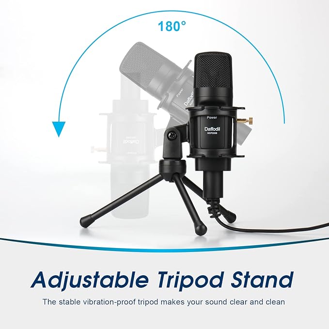 Daffodil Condenser Microphone USB Omnidirectional MCP200 - Mic with Tripod Stand, Pop Filter - Recording Vocals, Gaming, Podcast, ASMR, Vlogging Broadcast and Streaming for PC and Mac - Black