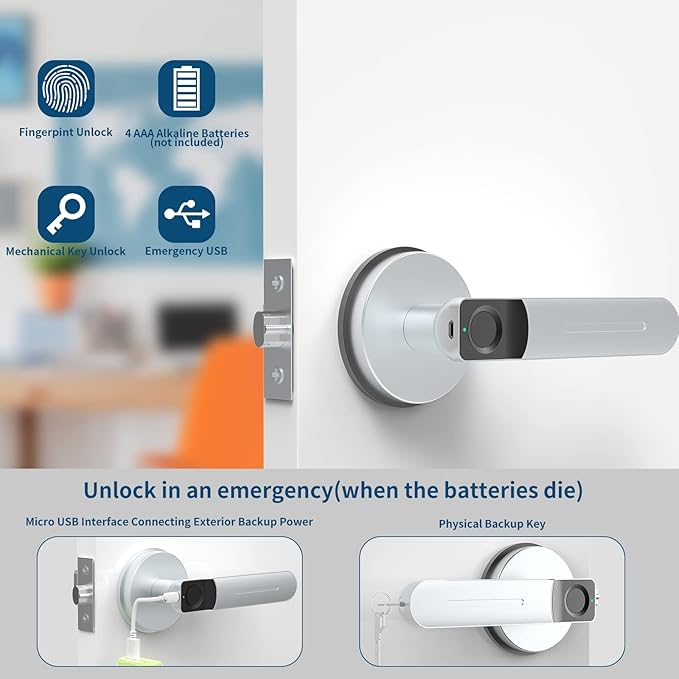 Foxgard Smart Fingerprint Door Lock,Keyless Entry Door knob with Handle,Biometric Door knob,Room Door Lock for Bedroom/Office (Silver)