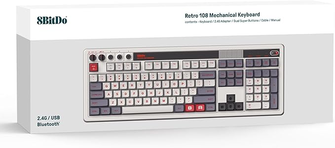 8BitDo Retro 108 Mechanical Keyboard with 108 Keys and Integrated Numpad, Bluetooth/2.4G/USB-C Hot Swappable Wireless Gaming Keyboard for Windows and Android - N Edition