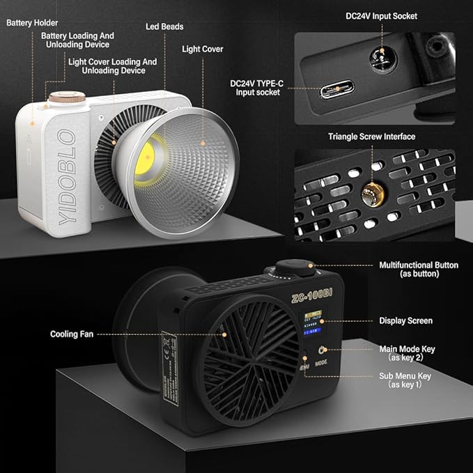 ZC-100BI 100W COB Video Light with Bowens Mount,10000Lux/m 2700K-7500K Bi-Color Camera Light with 10 Scenario Simulations Control Continuous Lighting for Photography (ZC-100 Balck MINI KIT)